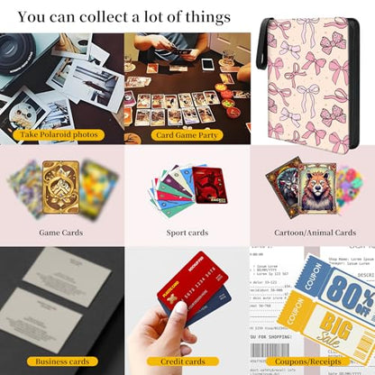 AXUASSILD 4 Pocket Card Binder, Premium Trading Card Holder Fits 400 Cards With 50 Removable Sleeves, Cute Portable Collection Card Ablum Holder Cute Pink Bowtie - color: Cute Pink Bowtie