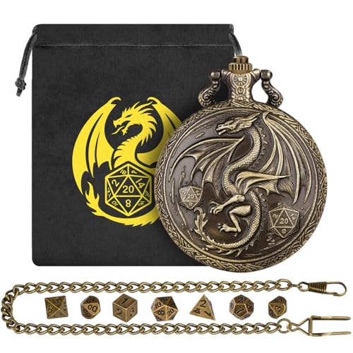 Mini DND Dice Set, with Steampunk Winged Dragon Pocket Watch Shell Case, 7-Piece Polyhedral Metal D&D Dice, DND Gift Bag with Dragon Logo, MTG, Role Play Board Game Accessories, Bronze - color: Bronze