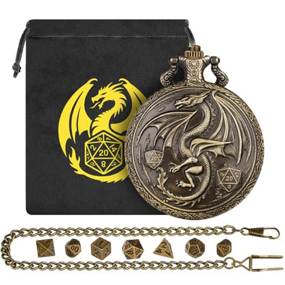 Mini DND Dice Set, with Steampunk Winged Dragon Pocket Watch Shell Case, 7-Piece Polyhedral Metal D&D Dice, DND Gift Bag with Dragon Logo, MTG, Role Play Board Game Accessories, Bronze - color: Bronze