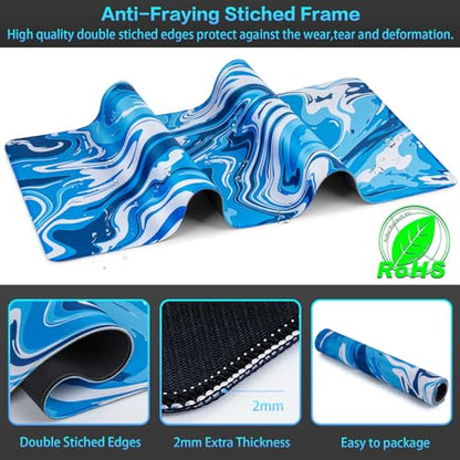 Canjoy Gaming Mouse Pad, Fluid Pattern Mouse Pad 31.5x11.8inch Large Extended Computer Mouse Mat Keyboard Full Desk Mousepad for Gaming, Office, Home - color: Blue-White Fluid, size: 800*300mm