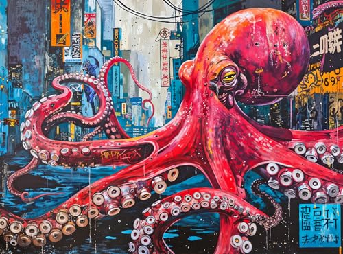 Cross & Glory | 1000 Piece Jigsaw Puzzles for Adults | Octopus City | Neon Overlord | Cyberpunk Ocean Puzzle for Adults | Satin Finish Octopus Puzzle 1000 Pieces | Ages 14+ - color: Octopus City: Neon Overlord