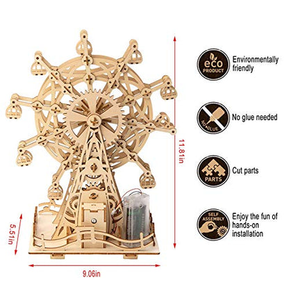 Solar 3D Wooden Puzzles for Adults Birthday Gifts Wood Ferris Wheel DIY Model Kit Puzzle Building Toys for Adult Age 14+ Years Old - style: Ferris Wheel