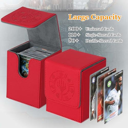Arkeiliy Card Deck Box, 110+ Storage MTG Deck Box with 50 Pcs Card Sleeve, Collectible Trading Card Cases for Magic Commander and More (Red) - color: Red