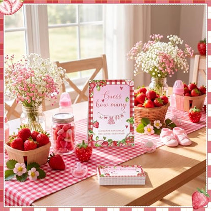 Strawberry Sweet Guess How Many Baby Shower Game Pack of 1 Tabletop Sign with Stand and 50 How Many Cards, Berry Sweet Gender Reveal Party Game Decorations - style: Strawberry