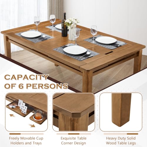 63"x39" Board Game Table with Removable Top Solid Wood Dining/Gaming Table | Gaming Table for 4-6 Players with Play Mat, 6 Detachable Cup Holders & 6 Hobby Trays (Rosewood) - color: Rosewood