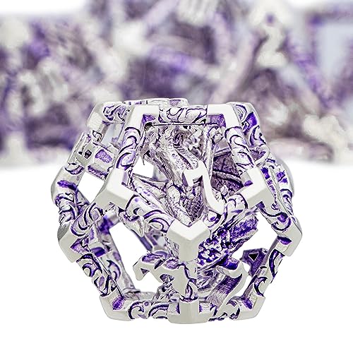 ARUOHHA Hollow DND Dice Set Silver Purple 5-Headed Dragons D and D Dice with Gift Box, Role Playing Games RPG 7PCS Dungeons Metal Polyhedral Dice D20 D12 D10 D8 D6 D4 - color: Silver Purple-02