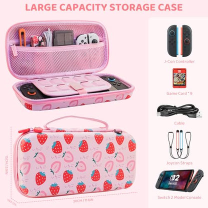 RHOTALL Pink Strawberry Carrying Case for Nintendo Switch 2 (2025) 7.9'', Cute Slim Hard Protective Travel Carry Case with 9 Game Cartridges Slots, Accessories Bundle Holder, Shoulder Strap - color: pink 12