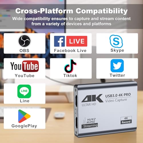 USB 3.0 4K Video Capture Card for PS5/Switch/Xbox/PC | 1080P60Hz/2K30Hz/4K18Hz Capture, 4K60Hz HDMI Loop-Out, High-Speed Interface, OBS Compatible, Near-Zero Latency, Plug & Play