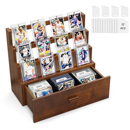 Emfogo Trading Card Display, 3-Tier Card Display Case with Custom Drawer, Wood Graded Card Display with Supporters and Dividers, Sports Card Display Case for Collection (Walnut) - color: Walnut