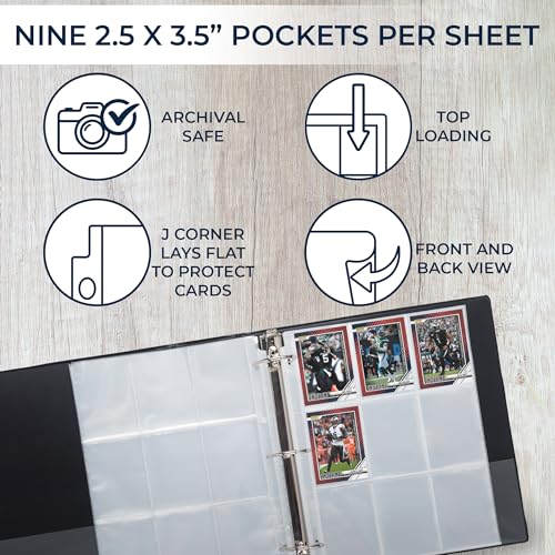 Samsill Trading Card Binder with 20-Pack of 9 Pocket Card Sleeves (Holds 360 Cards), Customizable Cover, 2" D-Ring Binder for Collectors, Top Loading, Card Storage for Football Cards