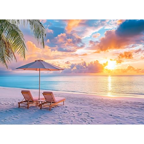 Puzzles for Adults 500 Pieces,Hawaiian Sunset Beach Puzzle for Adults,500 Pieces Tropical Ocean Sunrise Puzzles,Beach Chair Jigsaw Puzzle,Perfect for Game Night Giving Puzzle,20.5x15 in - style: beach