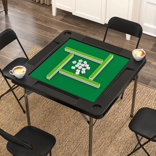 Mahjong Table, 35.4" Square Folding Card Table with Green Felt, Chip Trays, 4 Cup Holders, Multi-Game, Domino and Poker Tables for 4 Players, Foldable Tables for Jigsaw Puzzles, Black - color: Black