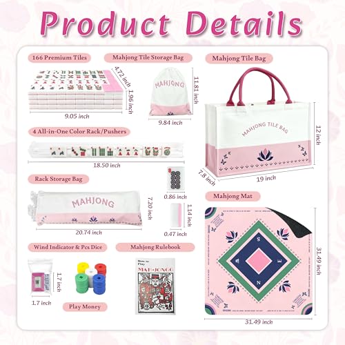 American Mahjong Game Set Complete with 166 Pink Tiles, Noise Reducing Mat, 4 All-in-One Rack/Pushers, Pink Bag & Accessories - Suitable for Adults and Beginners