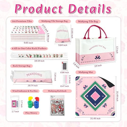 American Mahjong Game Set Complete with 166 Pink Tiles, Noise Reducing Mat, 4 All-in-One Rack/Pushers, Pink Bag & Accessories - Suitable for Adults and Beginners
