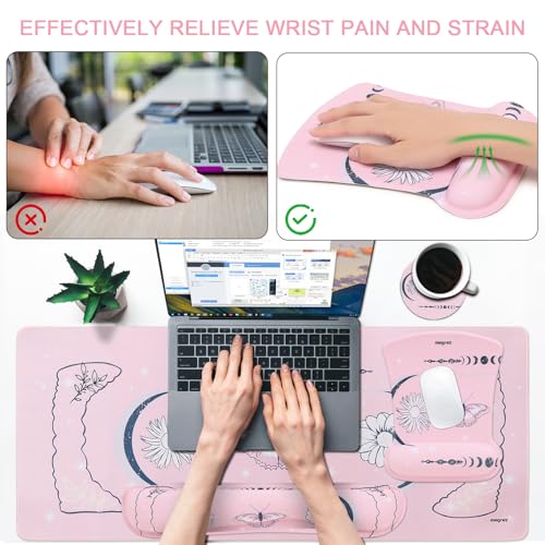 MEGREZ 4-in-1 Mouse Pad with Wrist Rest Ergonomic Memory Foam Desk Mat Set | ergonomic, anti-slip base, 4pcs set, desk pad, mouse wrist rest, keyboard rest, coaster, ideal for office & gaming - color: Cherry Blossom Pink