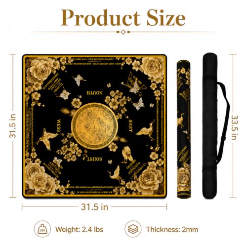 Black Mahjong Mat for Table, American Mahjong Mat with Rules, 31.5''x31.5'' | Non-Slip & Noise Reduction Mah Jongg Gift with Carrying Bag for Poker, Board Games, Dominoes, Cards & Tile Games - color: Luxury Black Gold