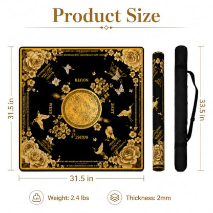 Black Mahjong Mat for Table, American Mahjong Mat with Rules, 31.5''x31.5'' | Non-Slip & Noise Reduction Mah Jongg Gift with Carrying Bag for Poker, Board Games, Dominoes, Cards & Tile Games - color: Luxury Black Gold