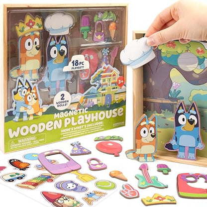 Horizon Group USA Bluey Magnetic Wooden Playhouse, 18 Piece Activity Set, Includes 2 Wooden Dolls House, Great Toys for Kids, Fun Birthday Party Activity, House Playset - color: Bluey House Playset