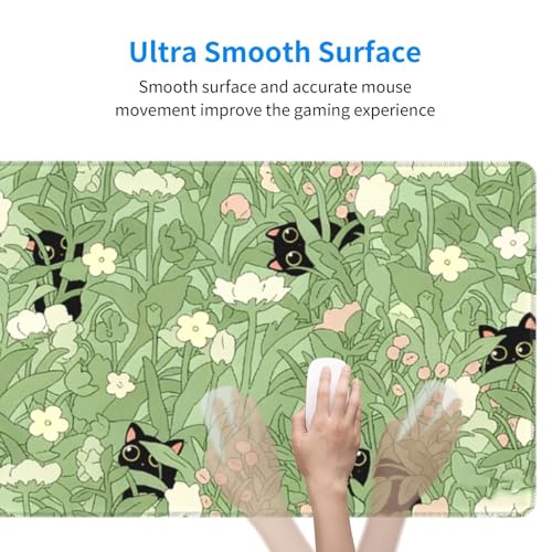 Large Gaming Mouse Pad Desk Mat, Kawaii Black Cat and Floral Extended Keyboard Mouse Pad Mousepad with Non-Slip Base and Stitched Edge Mouse Mat Desk Pad Mouse Pads for Desk Home Office, 31.5 x 11.8 - color: Kawaii Black Cat