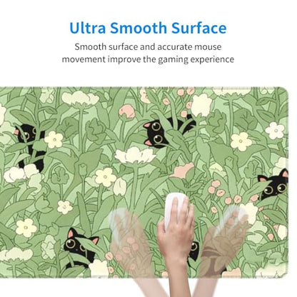 Large Gaming Mouse Pad Desk Mat, Kawaii Black Cat and Floral Extended Keyboard Mouse Pad Mousepad with Non-Slip Base and Stitched Edge Mouse Mat Desk Pad Mouse Pads for Desk Home Office, 31.5 x 11.8 - color: Kawaii Black Cat