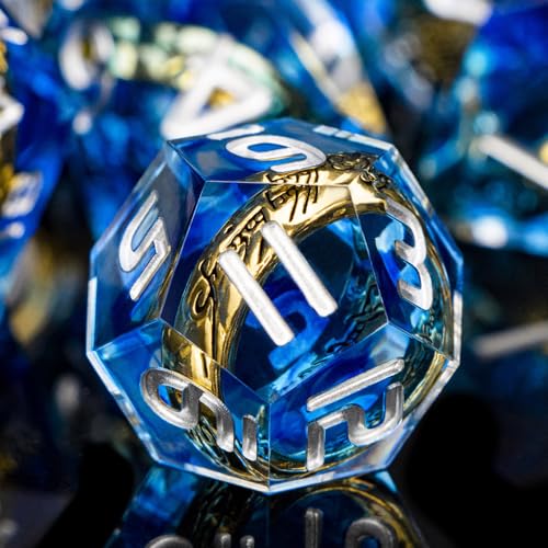 Magic Golden Ring DND Dice Set with Dice Box, Blue Resin Sharp Edge D and D Dice for use with D&D Tabletop Games Handmade Lord Polyhedral Dice Set D20 D12 D10 D8 D6 D4 - color: Ring - Blue-2