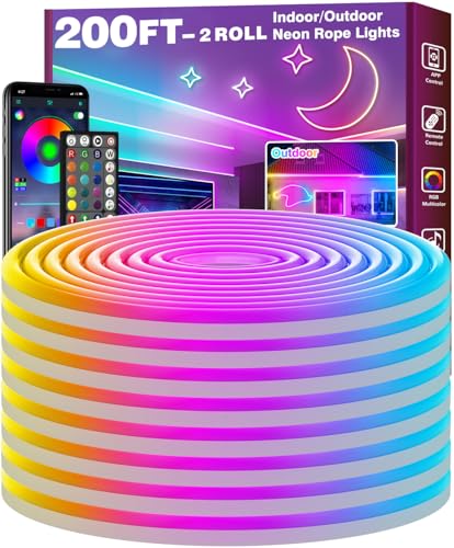 FBZ 200Ft Led Rope Lights, Flexible Neon Lights Control with App/Remote, Multiple Modes, IP65 Outdoor RGB Waterproof, Music Sync Gaming Light Strip for Bedroom Decor - size: 200FT