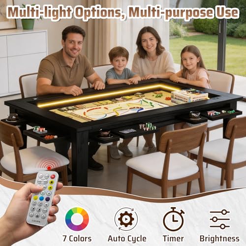 Board Game Table with Adjustable Led Lights Gaming Table with Removable Top | 53.7in x 30.7in Play Area Dining/Gaming Table with Charge Station, Play Mat, 6 Cup Holders & Trays (Black)