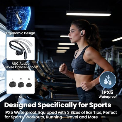 Wireless Earbuds Bluetooth 6.0 Headphone, Sport Bluetooth Earbuds Stereo Deep Bass Over Ear Bud with Earhooks,Active Noise Cancellation, Bluetooth Headphones for Gym/Running/Workout Black - color: Black