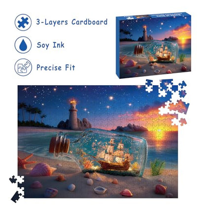 Puzzles for Adults 500 Pieces, Lighthouse Jigsaw Puzzles - Bottle of Stars, Impossible Beach Sailboat Puzzle for Seniors Families, 20.47x14.96 Inches, 1:1 Poster, Letter On The Back - style: Bottle of Stars
