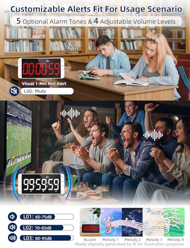 Large 7.8" Digital Timer with LED Display, Magnetic for Kitchen & Classroom | USB-C Rechargeable Timer with 99-Hour Count Up & Countdown, 3 Brightness Levels, 5 Alarm Sounds, 4 Volume Levels for Study - color: White