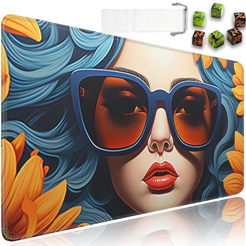 for MTG Playmat + Drawstring Travel Pouch + 6 Dice Counter, for Trading Card Game Playmats or Mouse Pad, Anti-Slip Rubber 24 x 14 in, Sunglasses Girl Sunflowers for TCG Playmat (No with Zone) - color: JV-Playmat-5-1-A1