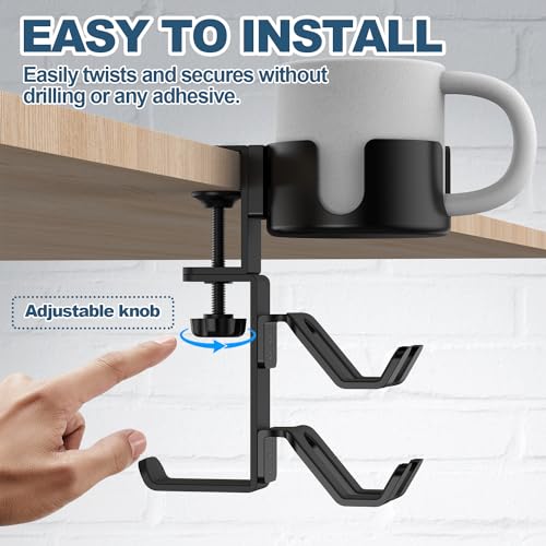 4 in 1 Desk Cup Holder with Headphone Hanger and Controller Stand Gaming Accessories, Universal Adjustable & Rotating Upgraded Arm Clamp for Coffee Mugs, Water Bottles, Headphones, Controller.