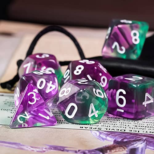 7-Die DND Dice Set Polyhedral Dice Set with a Leather Dice Bag, D&D Dice Set for RPG Table Games (T/Purple Green) - color: T/Purple Green