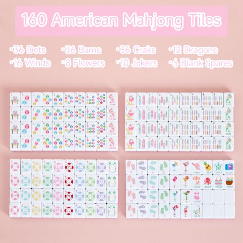 160 Engraved American Mahjong Tile Set Summer Design 1.2" Pink Melamine with Portable Storage Bag and Accessories, 1.2" Mahjong Game Set Cute Design