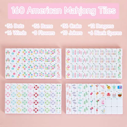 160 Engraved American Mahjong Tile Set Summer Design 1.2" Pink Melamine with Portable Storage Bag and Accessories, 1.2" Mahjong Game Set Cute Design
