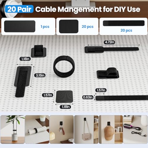 Under Desk Cable Management, 【Holds 15 Cables】【Ultra Adhesion】 Hook and Loop Cable Strap, Adjustable Long Cable Tie, Reusable Cable Clip Hiding, 20 Pairs