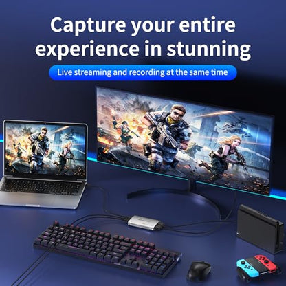 USB 3.0 Audio Video Capture Card with Microphone 4K60HZ HD Loop Output, 2K30fbs 1080p 60fps Video Recorder for Streaming Video Game Capture for Cell Phones/DSLR Cameras / PS5/Switch2 / Xbox/PC