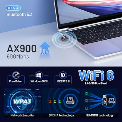 2-in-1 USB WiFi Bluetooth Adapter - WiFi Bluetooth USB, 900Mbps 2.4/5GHZ Dual-Band, WiFi and Bluetooth Adapter for PC/Laptop/Desktop, Wireless USB Adapter, Driver Free, Win 10/11