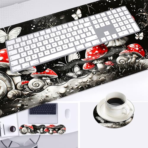 Large Mouse Pad and Keyboard Wrist Rest, Desk Pad for Keyboard and Mouse, 4-in-1 Large Gaming Mouse Pad with Wrist Support, Desk Mat for Home Office Study Game,Mushrooms Snails Butterflies - color: Mushrooms Snails Butterflies