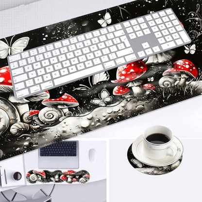Large Mouse Pad and Keyboard Wrist Rest, Desk Pad for Keyboard and Mouse, 4-in-1 Large Gaming Mouse Pad with Wrist Support, Desk Mat for Home Office Study Game,Mushrooms Snails Butterflies - color: Mushrooms Snails Butterflies