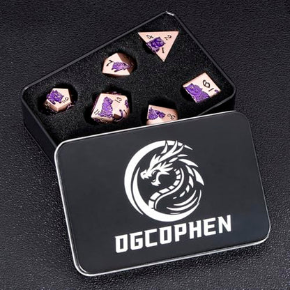 Metal DND Cat Dice 7PCS Polyhedral RPG Dice Set with Gift Case for Dungeons Dragons Role Playing Game, D and D Dice D6 D8 D10 D12 D20 D% (Copper Purple) - color: Cat-copper Purple