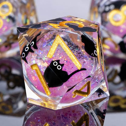 Roycevon Resin DND Dice Set with Gift Box, 7Pcs Liquid Core Cat D&D Dice, Cute Dungeons Dragons D and D Dice, Sharp Edge Role Playing Game Dice D20 D12 D10 D8 D6 D4, Pink - color: Pink