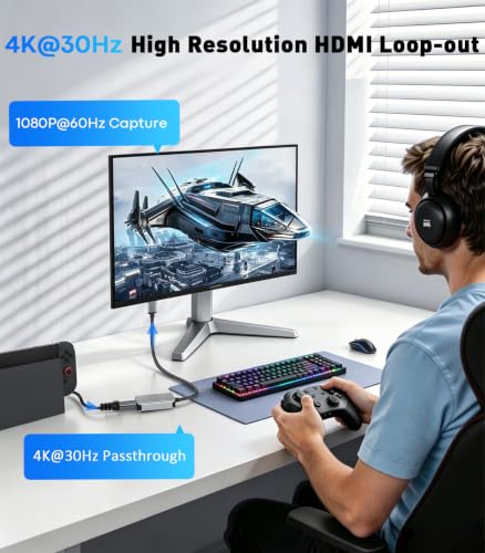 4K HDMI to USB 3.0 Video Capture Card, 1080P 60FPS for Recording, Streaming & Gaming, Plug & Play, Low Latency, Compatible with PS5, Switch 2, Xbox, Quest 3, Camera