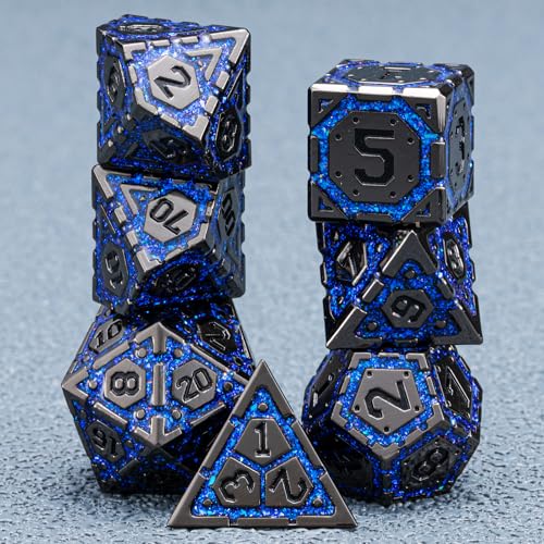 DND Metal Dice Set with Cracks, Polyhedral Dice for RPG D&D Dungeons and Dragons RPG TTRPG D and D 7-Die with Gift Case (Black Nickel Sapphire Blue) - color: Black Nickel Sapphire Blue