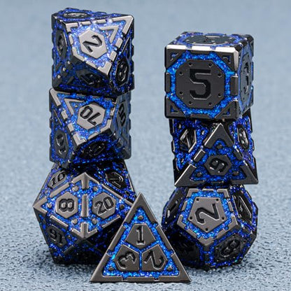 DND Metal Dice Set with Cracks, Polyhedral Dice for RPG D&D Dungeons and Dragons RPG TTRPG D and D 7-Die with Gift Case (Black Nickel Sapphire Blue) - color: Black Nickel Sapphire Blue