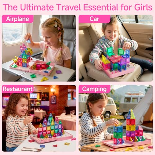 Mini Magnetic Tiles for Girls Travel: 60 PCS Pink Magnet Building Blocks in Tin Box to Stop Crying - 60 Mins Quiet Play 30s Cleanup Toy - Car Airplane Essentials Ages 3-8 - style: Pink 60PCS