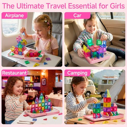 Mini Magnetic Tiles for Girls Travel: 60 PCS Pink Magnet Building Blocks in Tin Box to Stop Crying - 60 Mins Quiet Play 30s Cleanup Toy - Car Airplane Essentials Ages 3-8 - style: Pink 60PCS