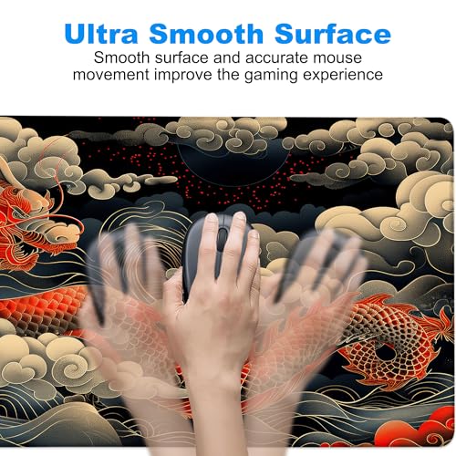 Desk Pad, Japanese Wave and Red Dragon Auspicious Clouds XXL Gaming Mouse Pad with Stitched Edges,Non-Slip Waterproof Rubber Base Large Desk Mat for Keyboard and Mouse 35.4"x15.7" - color: Colour5, size: 35.4" x 15.7"