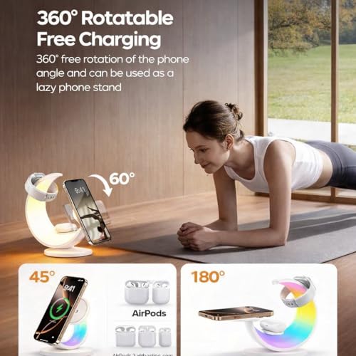 3 in 1 Magnetic Wireless Charging Station, Moon-Design | Magsafe Charger Stand, RGB Night Light, 15W Fast Wireless Charger, Foldable, For iPhone & Airpods & Watch