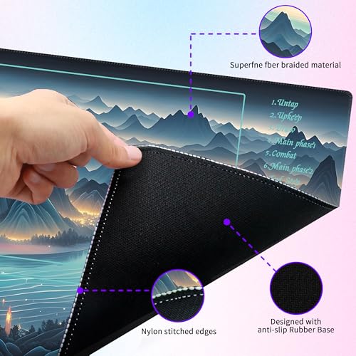 MTG Playmat with Storage Tube & 7-Dice Set - Waterproof TCG Playmat with Stitched Edges, Non-Slip Rubber Card Game Mat (24"x14") (playmat with Zones, Starry Sea and Fire) - color: Starry Sea and Fire, style: playmat with zones